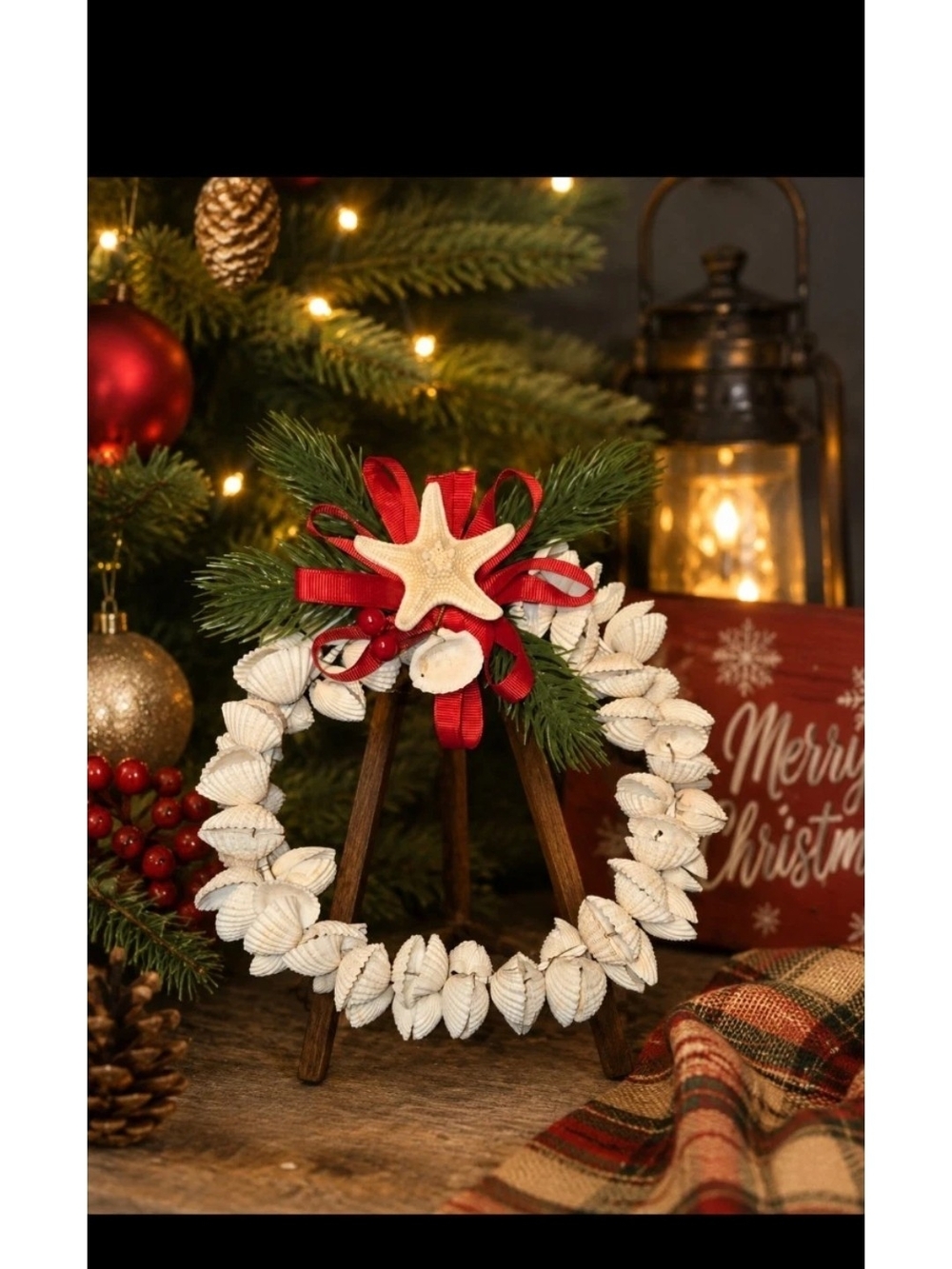 Handcrafted White Shell Holiday Wreath with Red Ribbon